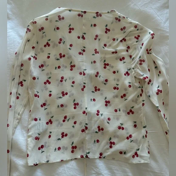 Reformation Cherry Print Tie-Front Blouse - Cream and Red - Picture 2 of 4